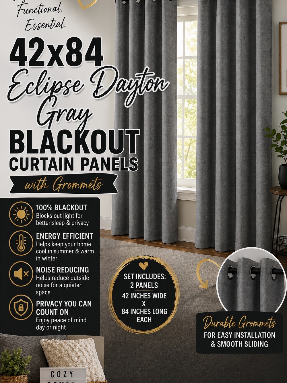 2 Panels 42 X 84 Eclipse, blackout, color Dayton Grey w Grommets
